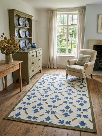 French Blue Fleur Classic Ivory Cream & Cobalt Blue Wool Cotton Dhurrie Rug