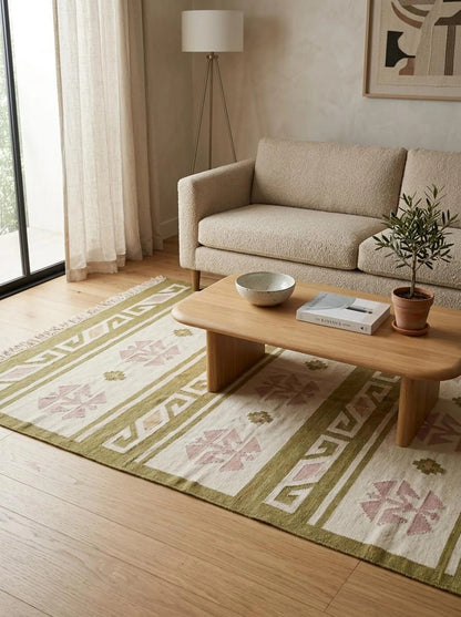 Moss Nordic Folkway Pastel Mauve & Olive Green Wool Cotton Dhurrie Rug