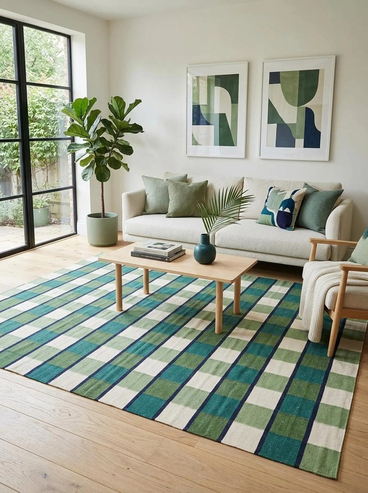 Forest Gingham Plaid Green Checkered Wool Cotton Dhurrie Rug