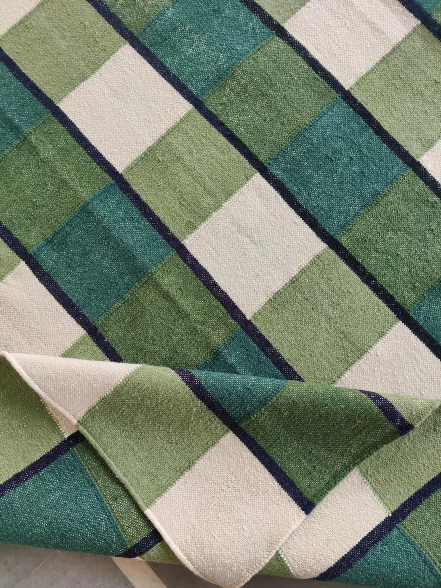 Forest Gingham Plaid Green Checkered Wool Cotton Dhurrie Rug