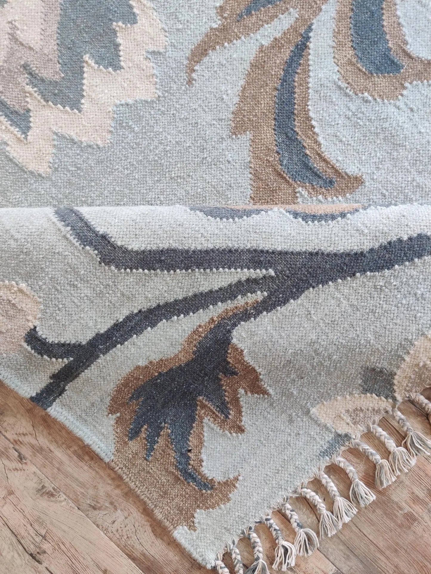 French Blue Peony Vintage Floral Wool Cotton Dhurrie Rug,