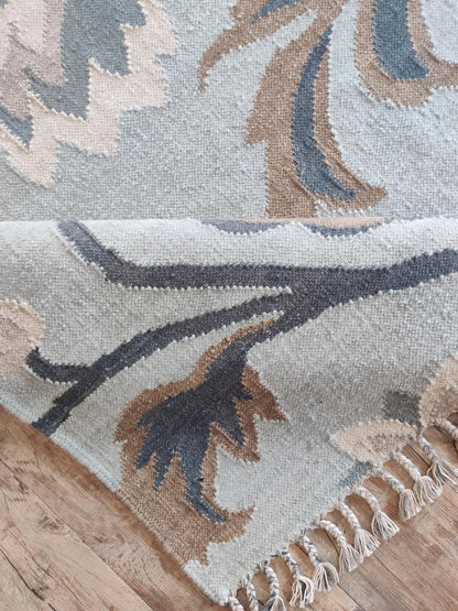 French Blue Peony Vintage Floral Wool Cotton Dhurrie Rug,