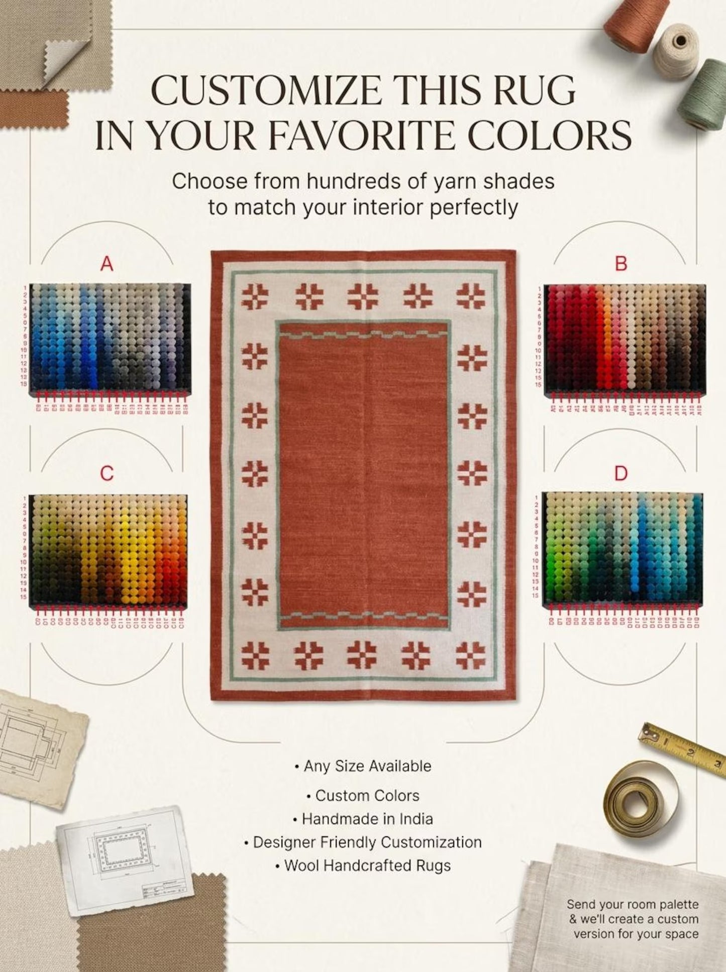 Terracotta Oasis Border Rust Red & Cream Wool Cotton Dhurrie Rug