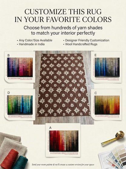 Chestnut Starburst Blossom Earthy Brown & Cream Wool Cotton Dhurrie Rug