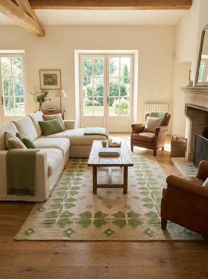 Lilac Meadow Pastel Blush Pink & Sage Green Wool Cotton Dhurrie Rug
