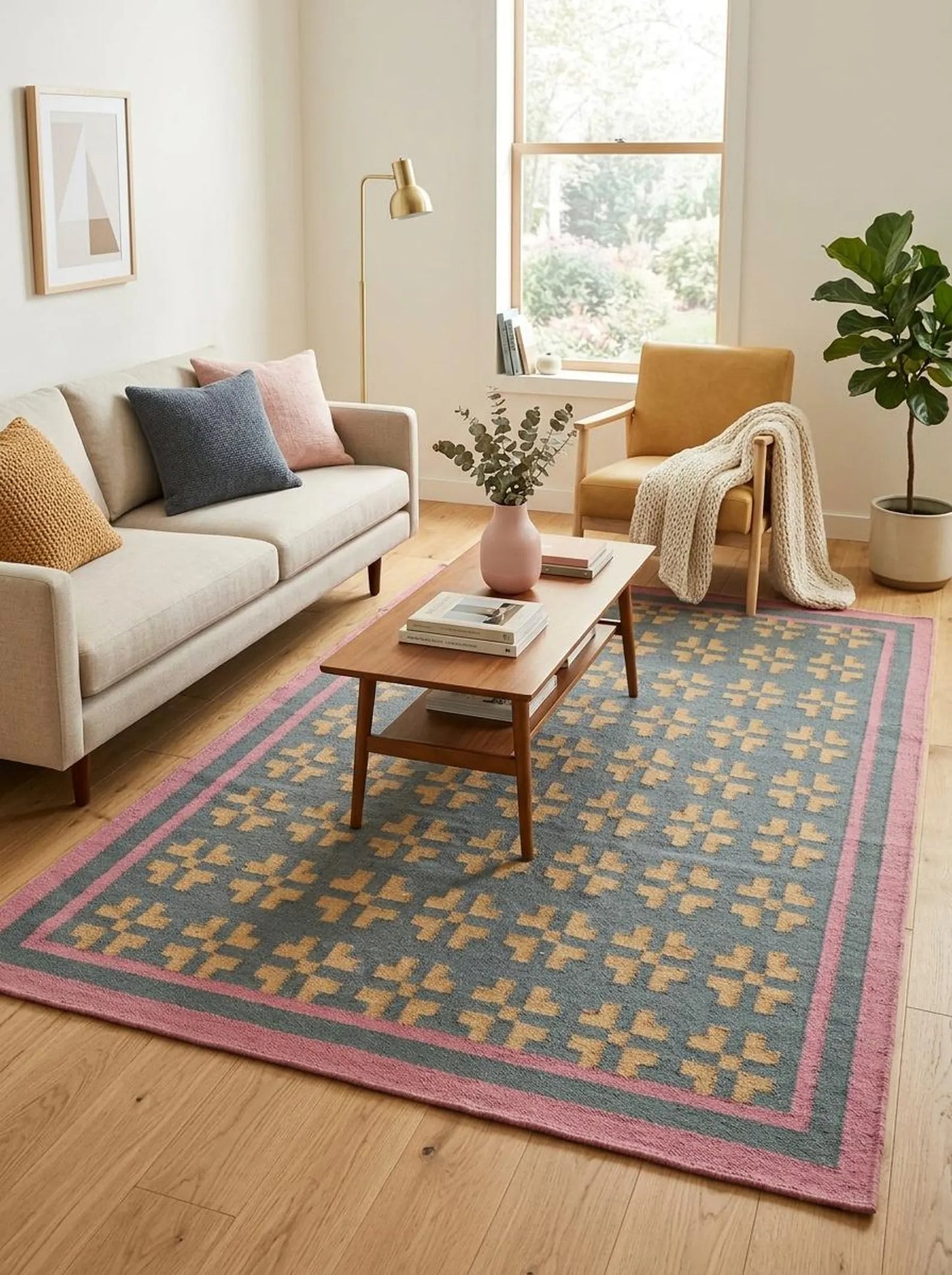 Slate Cross & Rose Border Modern Blue & Pink Wool Cotton Dhurrie Rug