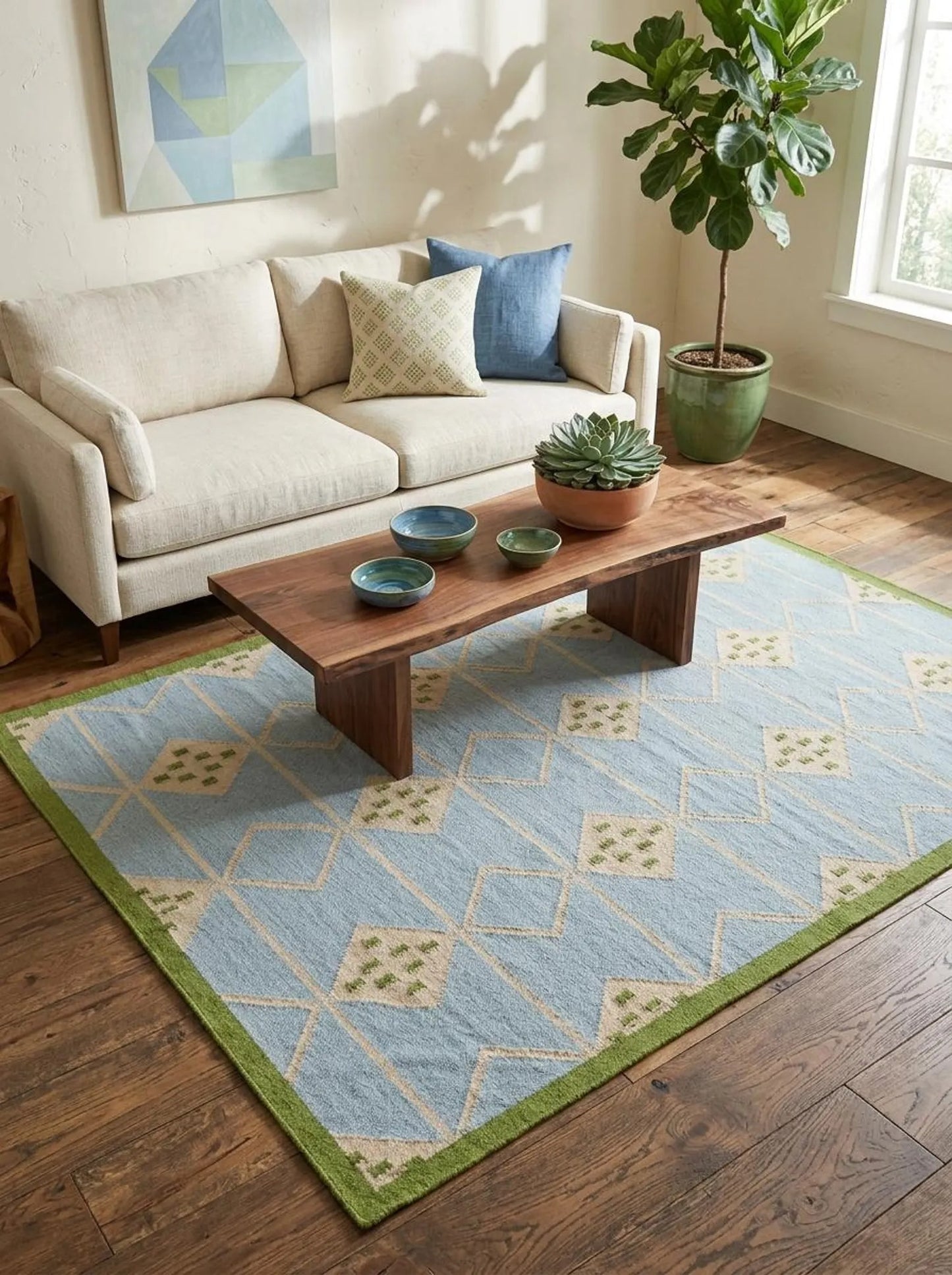 Azure Diamond Lattice Modern Powder Blue & Green Wool Cotton Dhurrie Rug