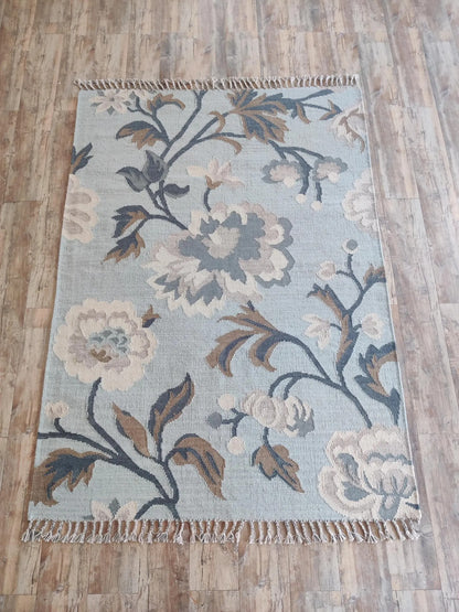 French Blue Peony Vintage Floral Wool Cotton Dhurrie Rug,