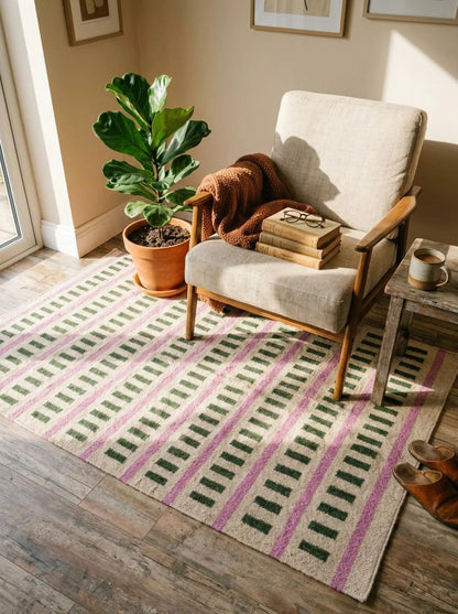 Nordic Candy Stripe Modern Pink & Moss Green Wool Cotton Dhurrie Rug