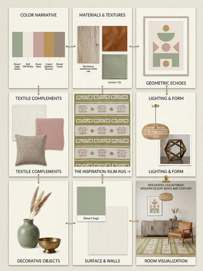 Moss Nordic Folkway Pastel Mauve & Olive Green Wool Cotton Dhurrie Rug