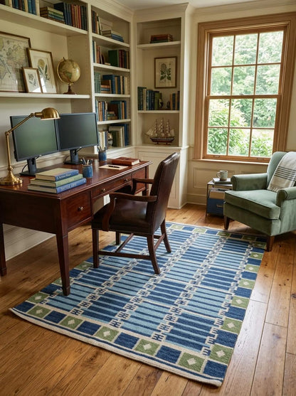 Caspian Tile Lattice Blue & Green Wool Cotton Dhurrie Rug