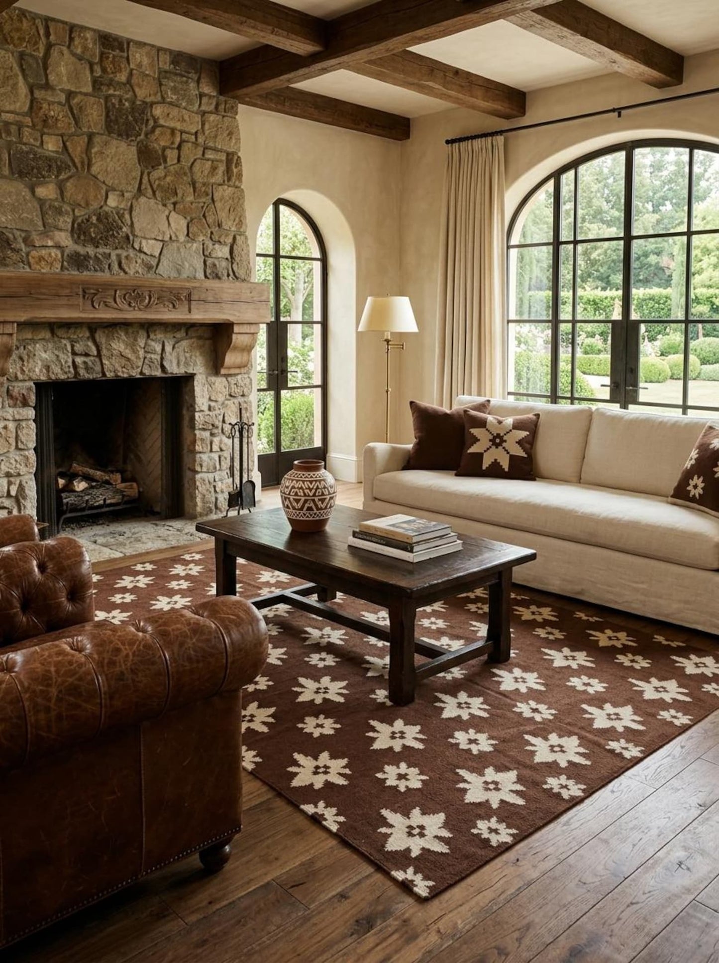 Chestnut Starburst Blossom Earthy Brown & Cream Wool Cotton Dhurrie Rug