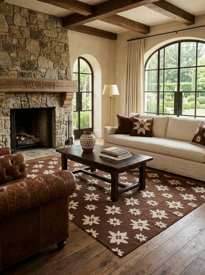 Chestnut Starburst Blossom Earthy Brown & Cream Wool Cotton Dhurrie Rug