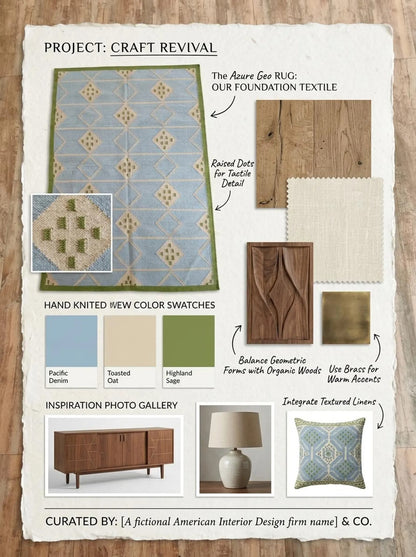 Azure Diamond Lattice Modern Powder Blue & Green Wool Cotton Dhurrie Rug