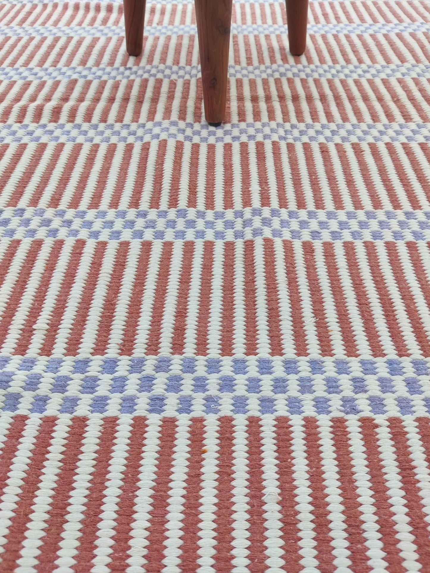 Striped Handloom Carpet - Terracotta & Blue Flatweave