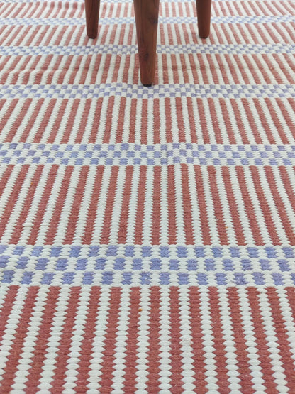Striped Handloom Carpet - Terracotta & Blue Flatweave