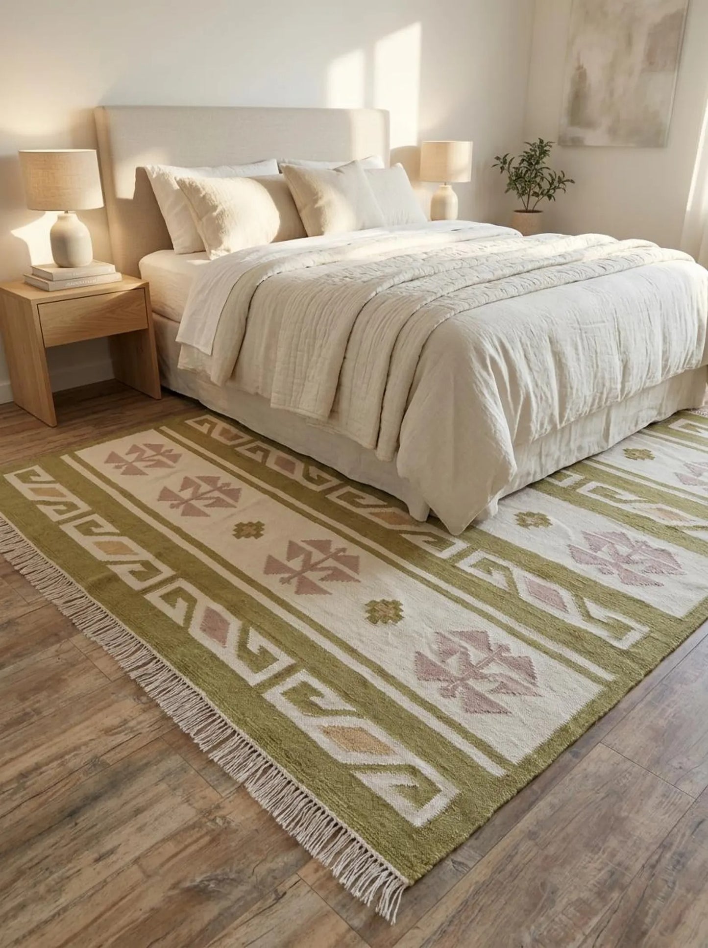 Moss Nordic Folkway Pastel Mauve & Olive Green Wool Cotton Dhurrie Rug