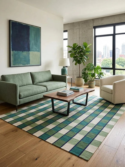 Forest Gingham Plaid Green Checkered Wool Cotton Dhurrie Rug