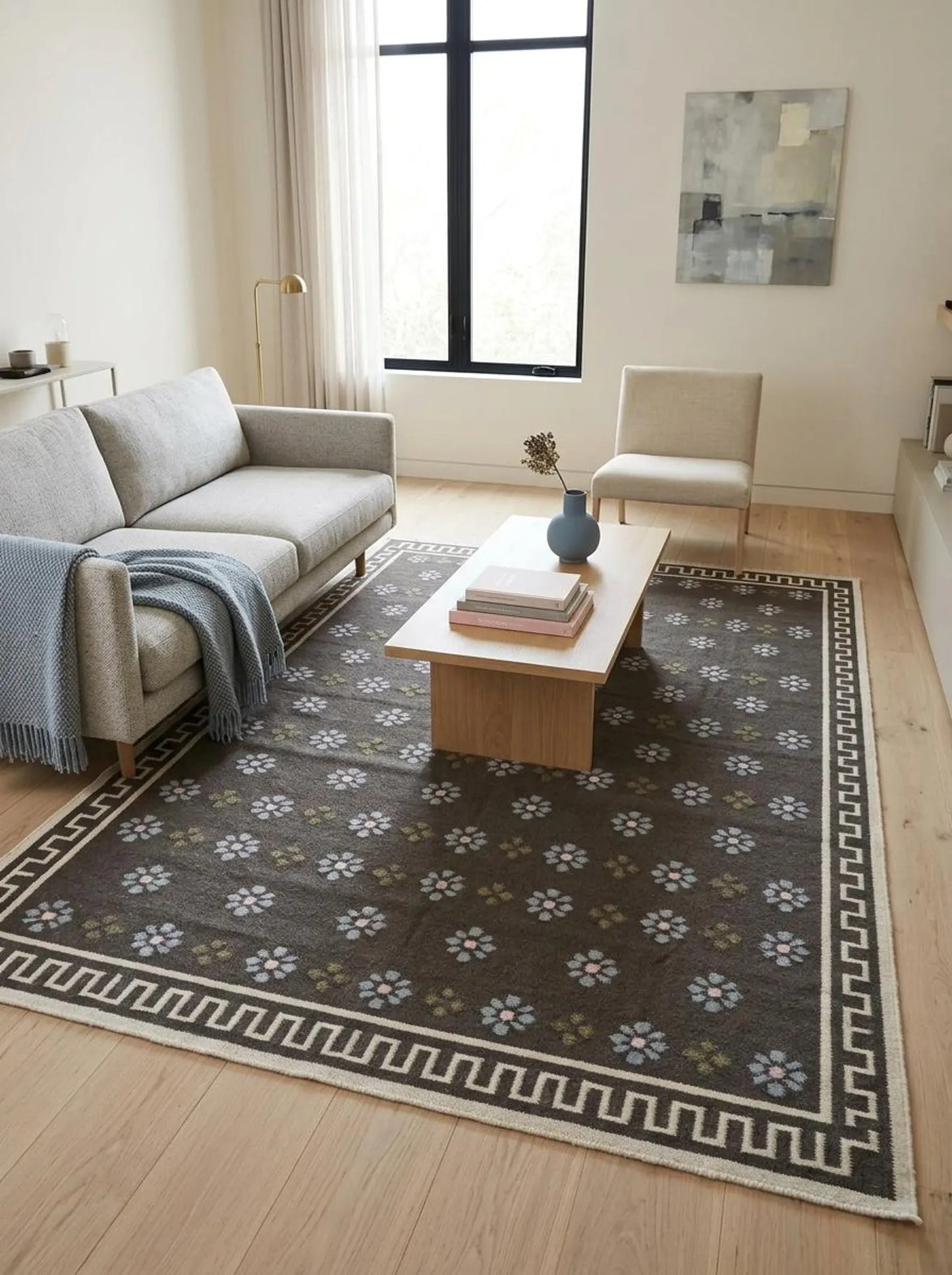 Charcoal Greek Rosette Premium Black & Cream Wool Cotton Dhurrie Rug