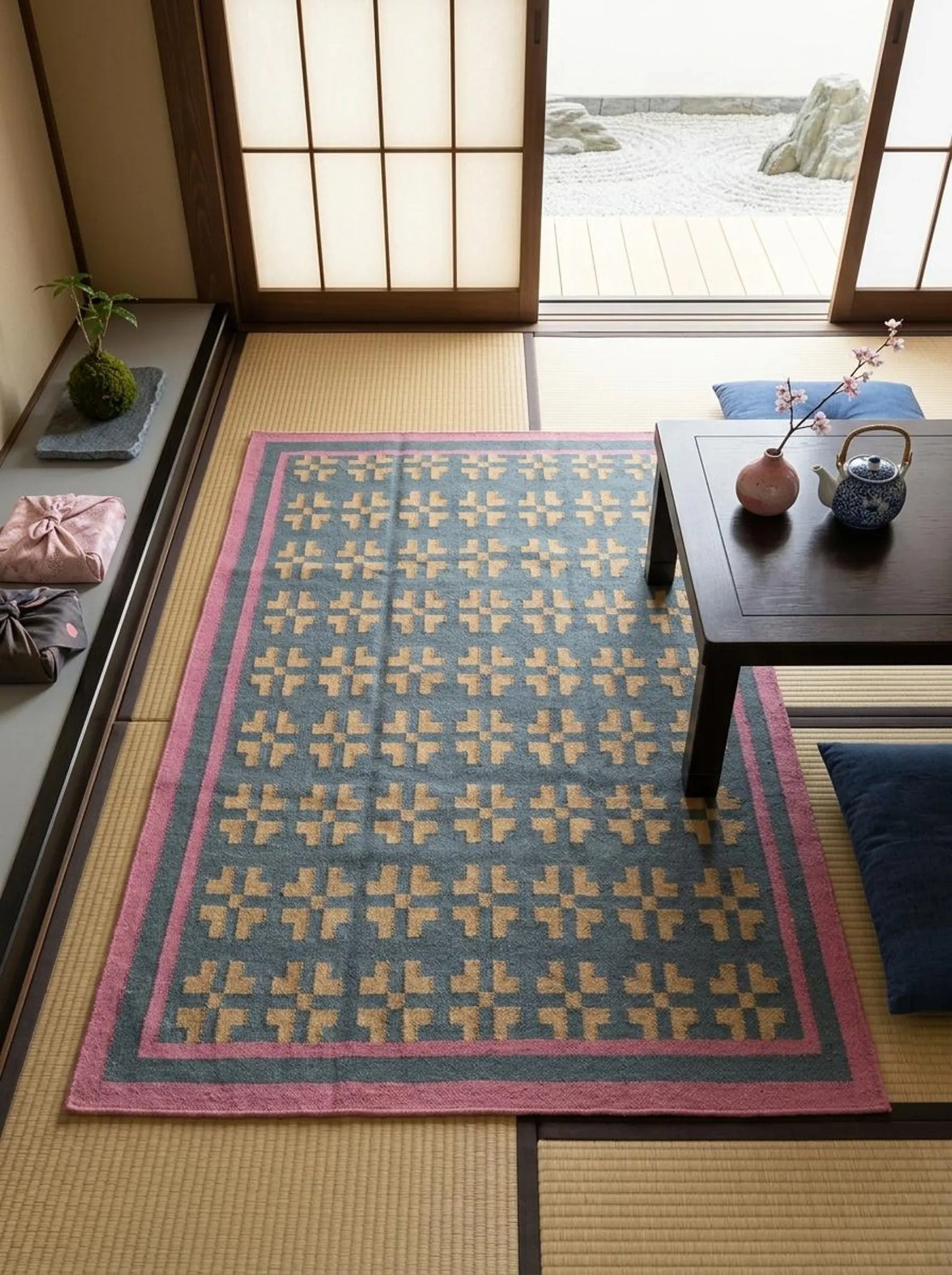 Slate Cross & Rose Border Modern Blue & Pink Wool Cotton Dhurrie Rug