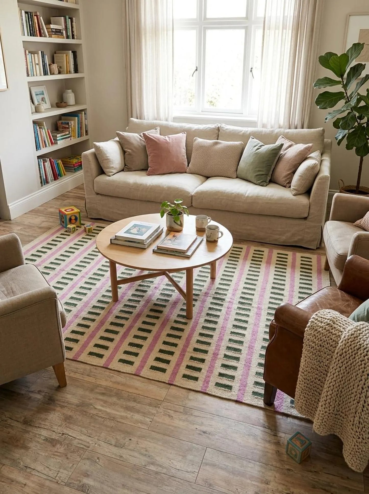 Nordic Candy Stripe Modern Pink & Moss Green Wool Cotton Dhurrie Rug