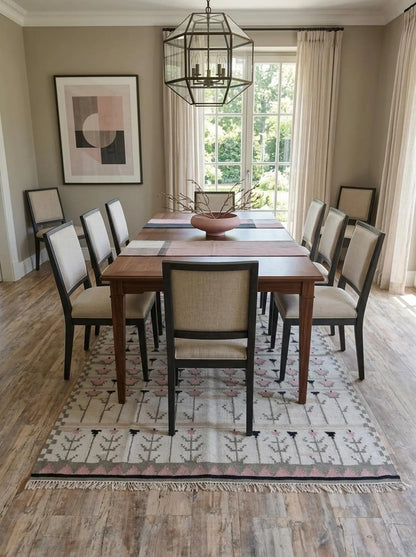 Pastel Tulip Meadow Modern Pink & Grey Botanical Wool Cotton Dhurrie Rug