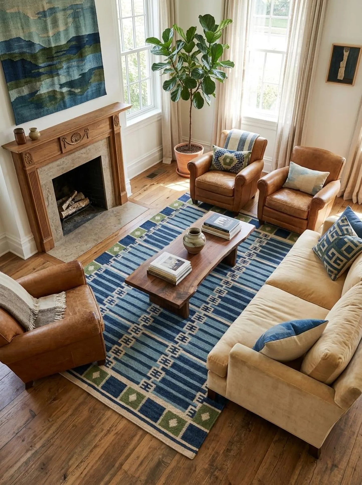Caspian Tile Lattice Blue & Green Wool Cotton Dhurrie Rug
