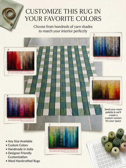 Forest Gingham Plaid Green Checkered Wool Cotton Dhurrie Rug