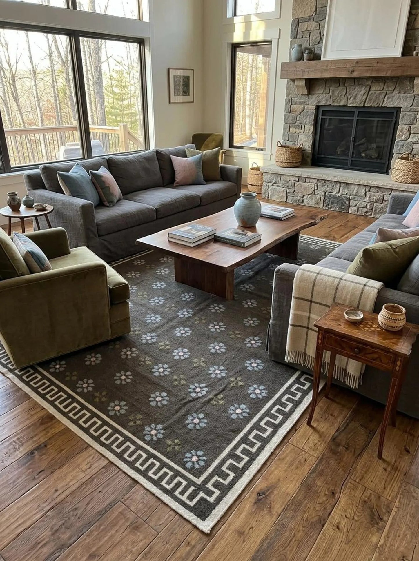 Charcoal Greek Rosette Premium Black & Cream Wool Cotton Dhurrie Rug