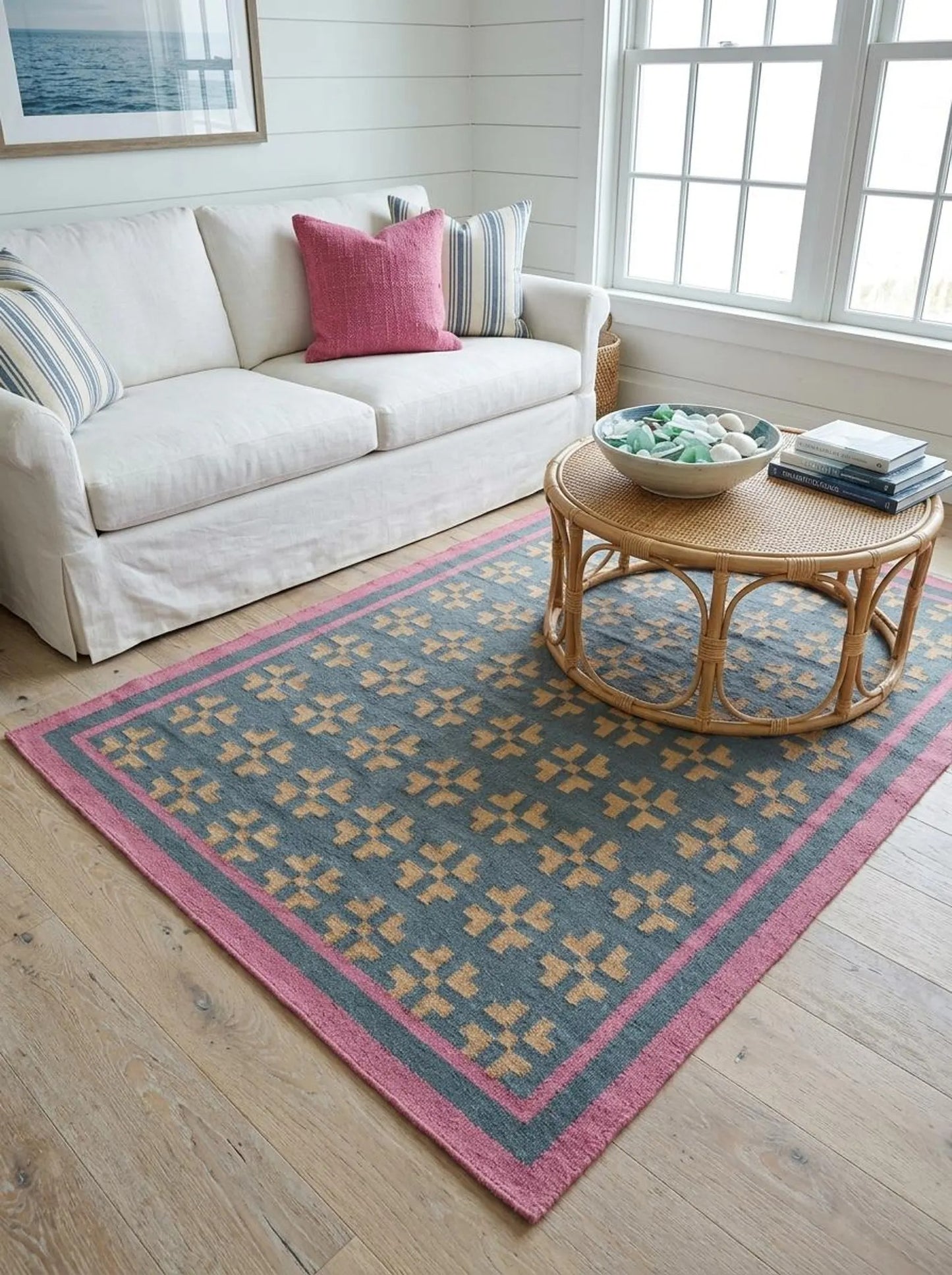 Slate Cross & Rose Border Modern Blue & Pink Wool Cotton Dhurrie Rug