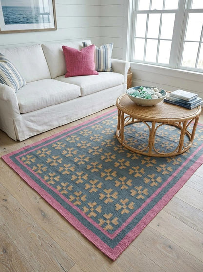 Slate Cross & Rose Border Modern Blue & Pink Wool Cotton Dhurrie Rug