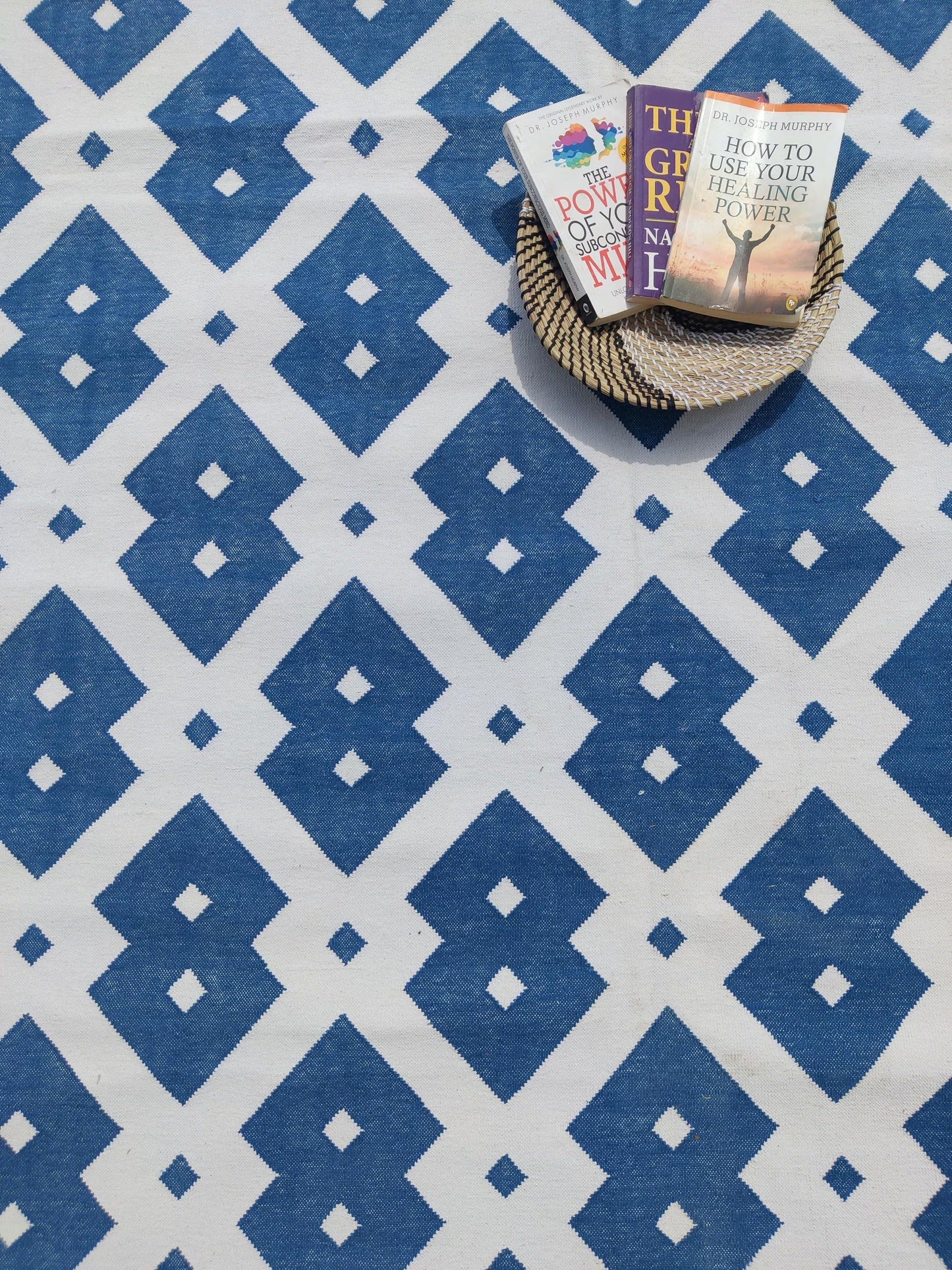 Handwoven Cotton Dhurrie Rug, Diamond Geometric Pattern Rug