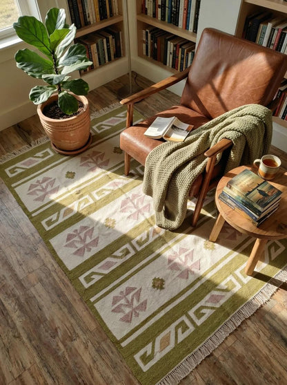 Moss Nordic Folkway Pastel Mauve & Olive Green Wool Cotton Dhurrie Rug