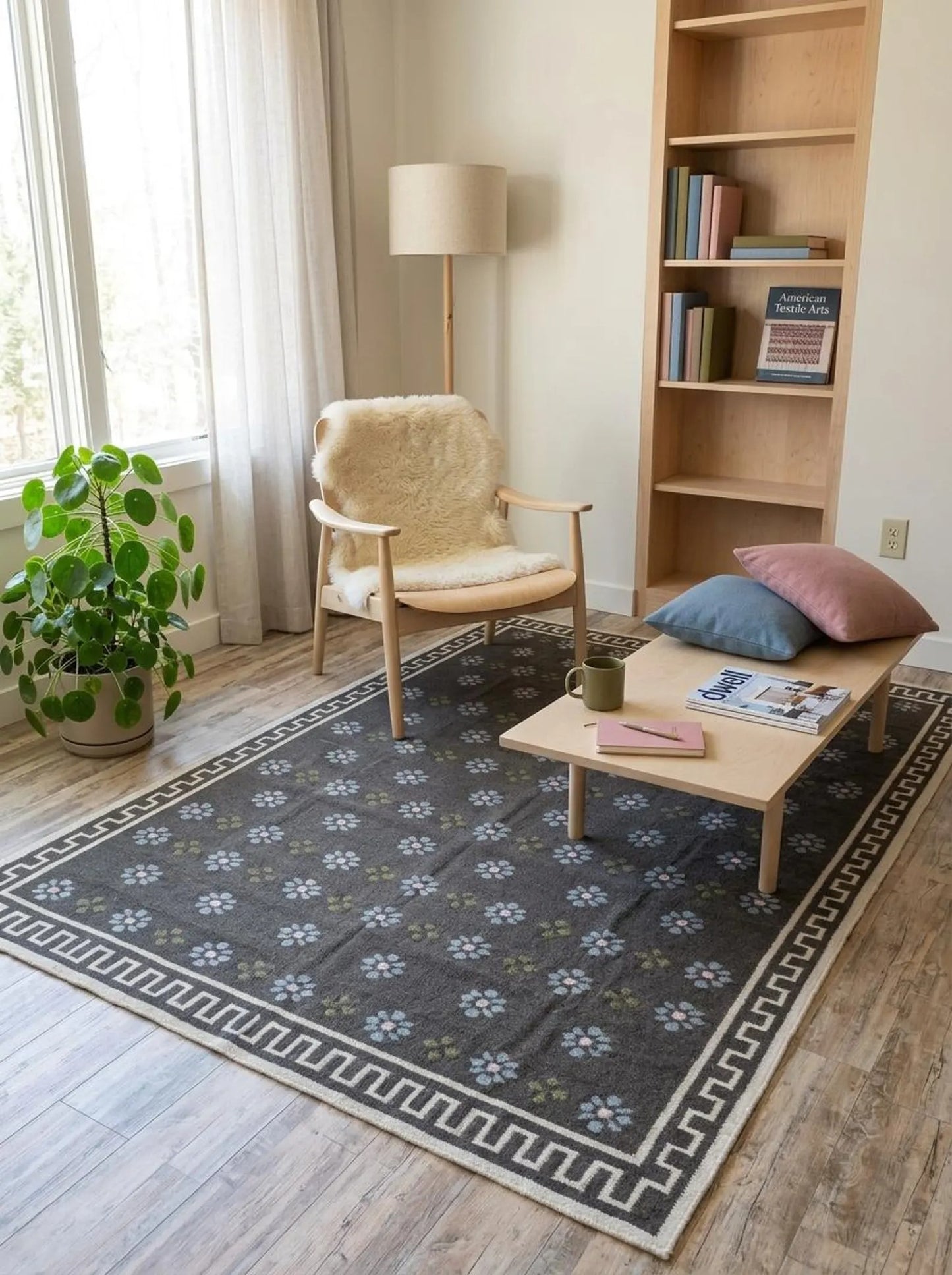 Charcoal Greek Rosette Premium Black & Cream Wool Cotton Dhurrie Rug