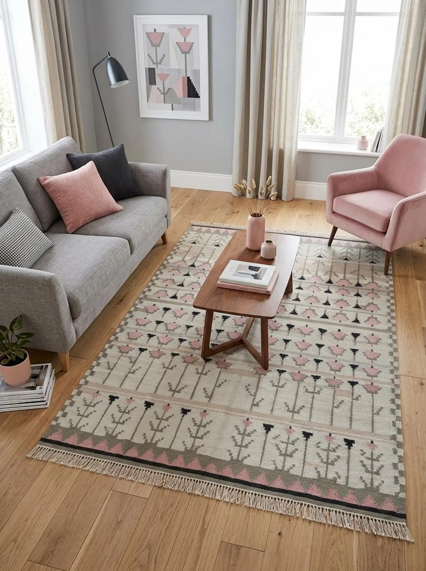 Pastel Tulip Meadow Modern Pink & Grey Botanical Wool Cotton Dhurrie Rug