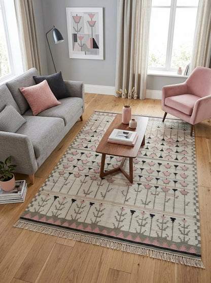 Pastel Tulip Meadow Modern Pink & Grey Botanical Wool Cotton Dhurrie Rug