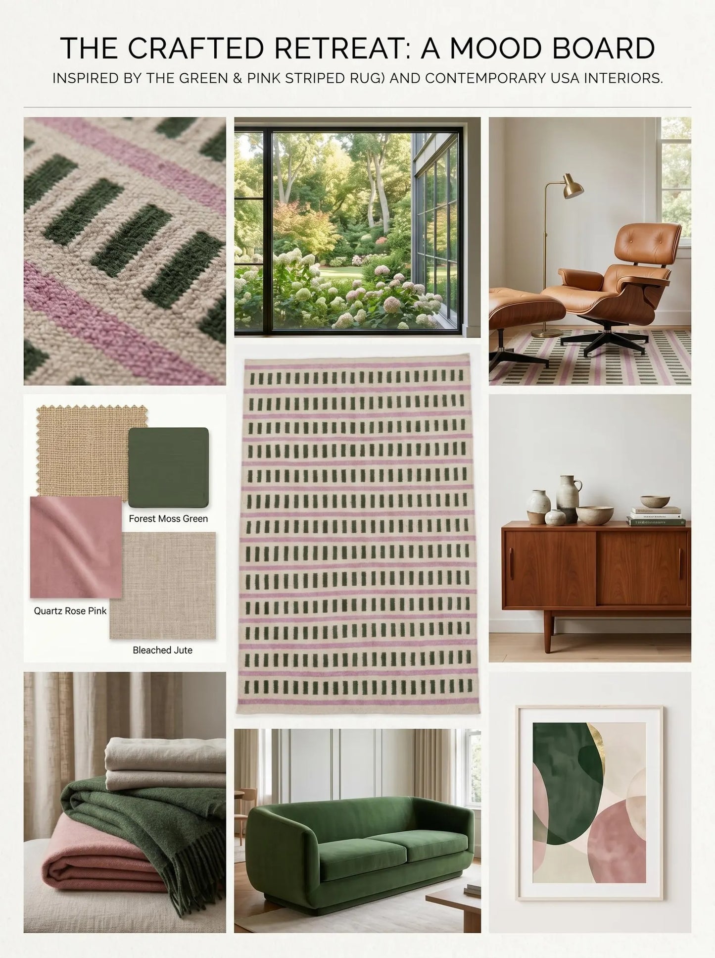 Nordic Candy Stripe Modern Pink & Moss Green Wool Cotton Dhurrie Rug