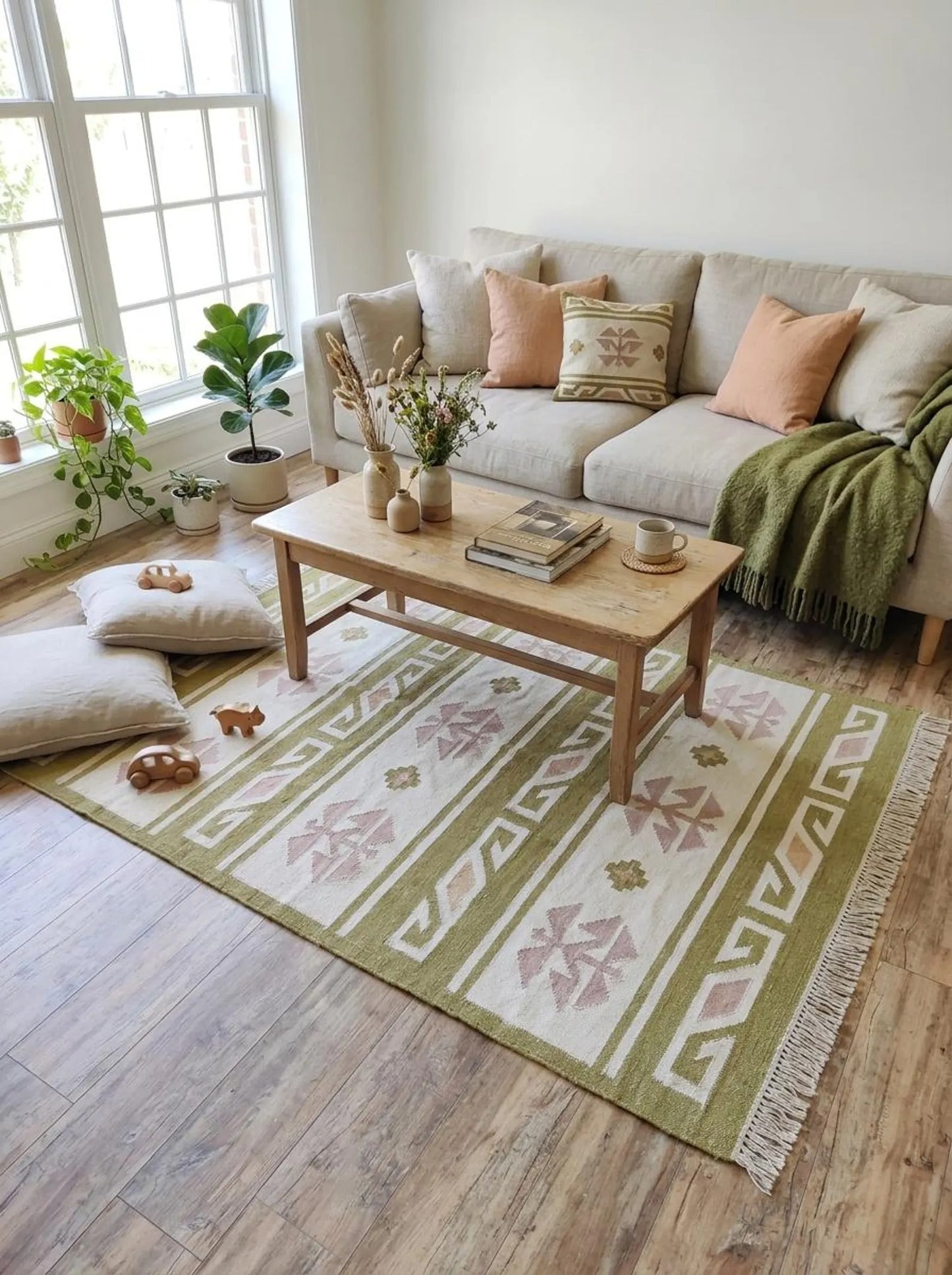 Moss Nordic Folkway Pastel Mauve & Olive Green Wool Cotton Dhurrie Rug