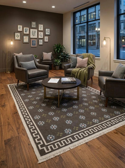 Charcoal Greek Rosette Premium Black & Cream Wool Cotton Dhurrie Rug