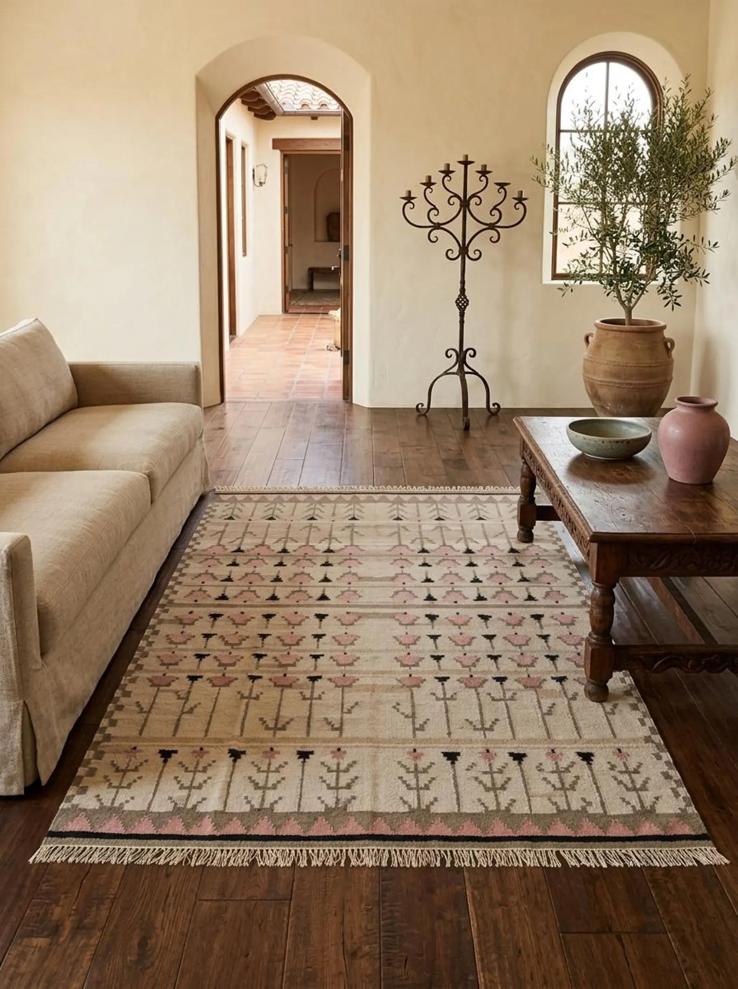 Pastel Tulip Meadow Modern Pink & Grey Botanical Wool Cotton Dhurrie Rug