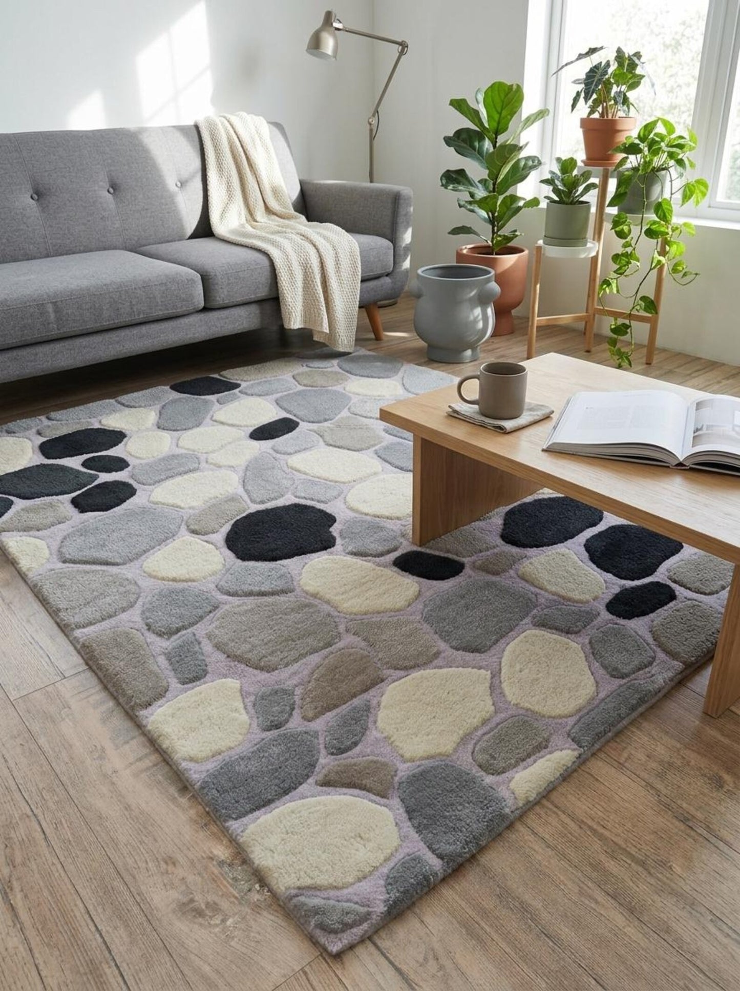 River Stone Pebble Design Modern High-Low Textured Area Carpet for Living Room