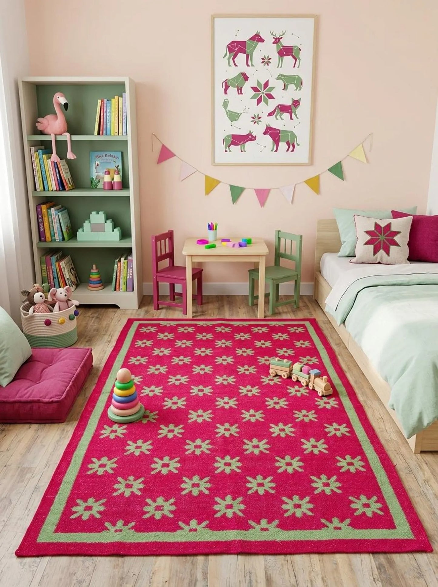 Berry Playful Blossom Vibrant Hot Pink & Mint Green Cotton Wool Dhurrie