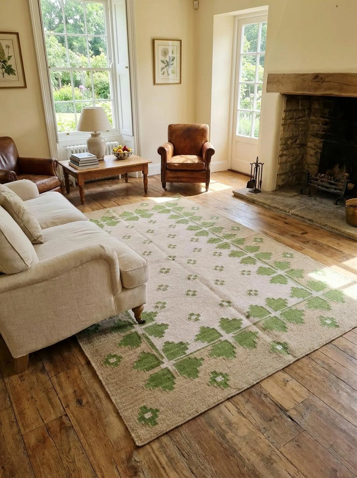 Lilac Meadow Pastel Blush Pink & Sage Green Wool Cotton Dhurrie Rug