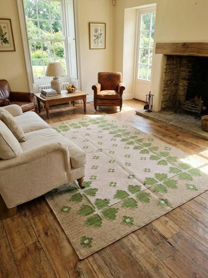 Lilac Meadow Pastel Blush Pink & Sage Green Wool Cotton Dhurrie Rug