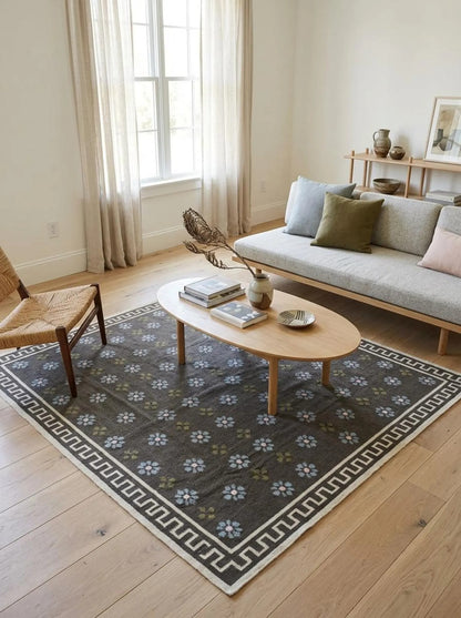 Charcoal Greek Rosette Premium Black & Cream Wool Cotton Dhurrie Rug