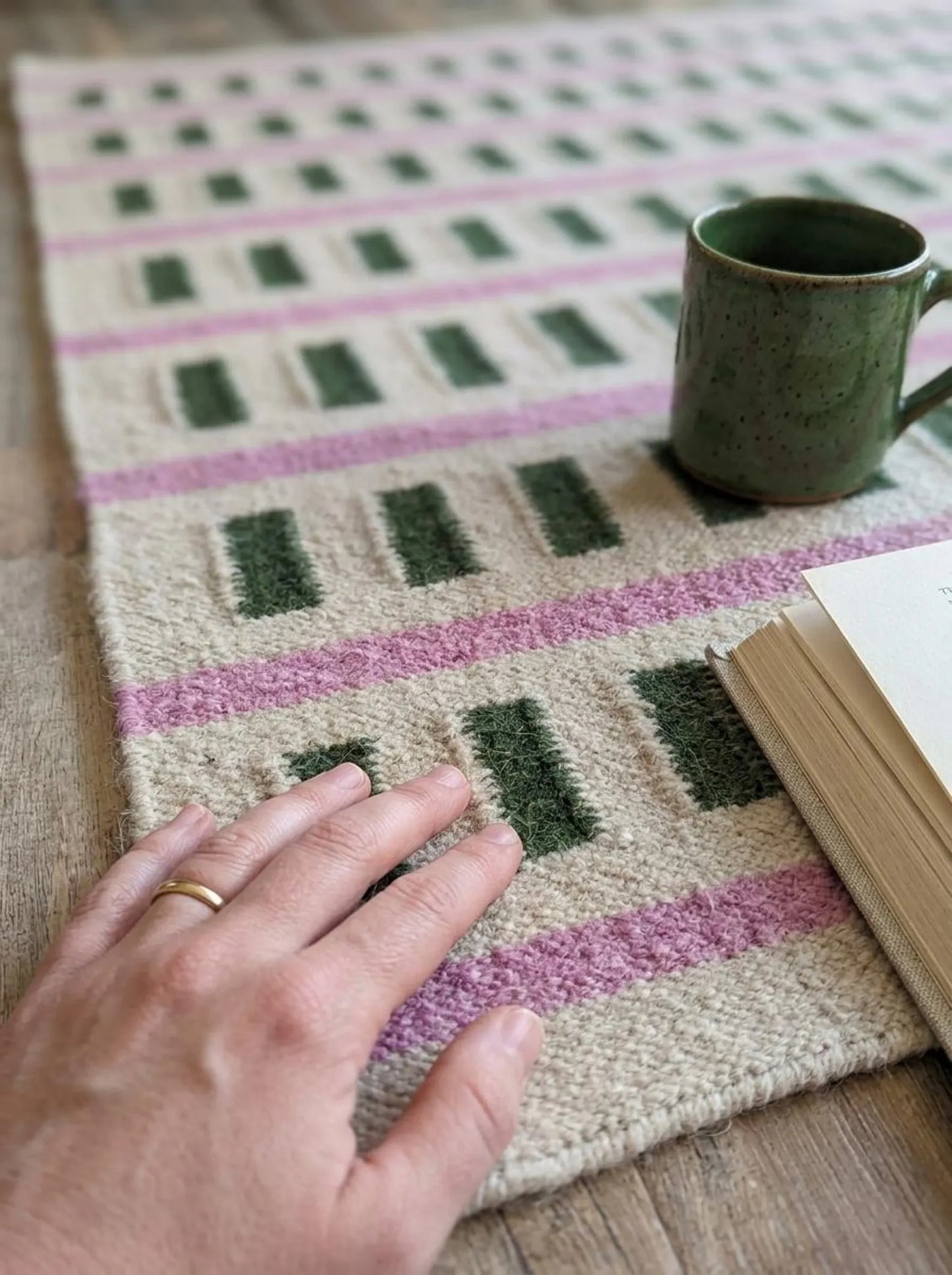 Nordic Candy Stripe Modern Pink & Moss Green Wool Cotton Dhurrie Rug