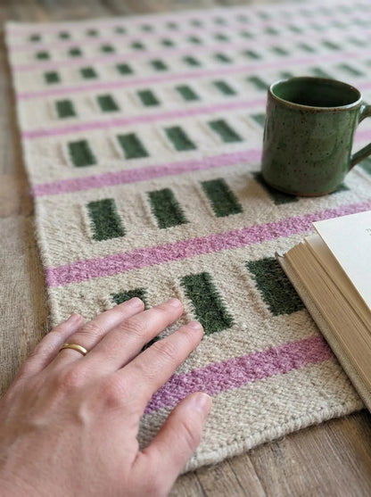 Nordic Candy Stripe Modern Pink & Moss Green Wool Cotton Dhurrie Rug