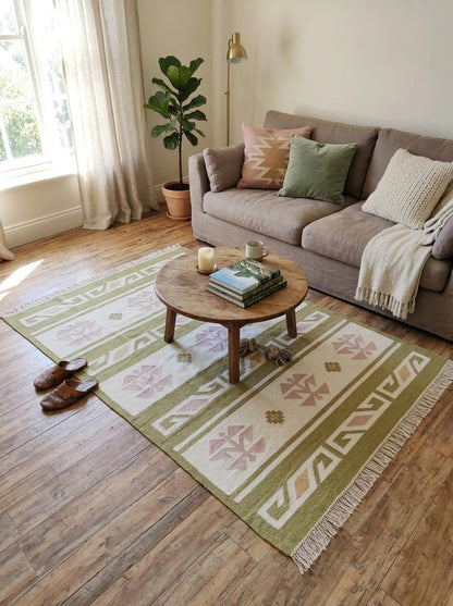 Moss Nordic Folkway Pastel Mauve & Olive Green Wool Cotton Dhurrie Rug
