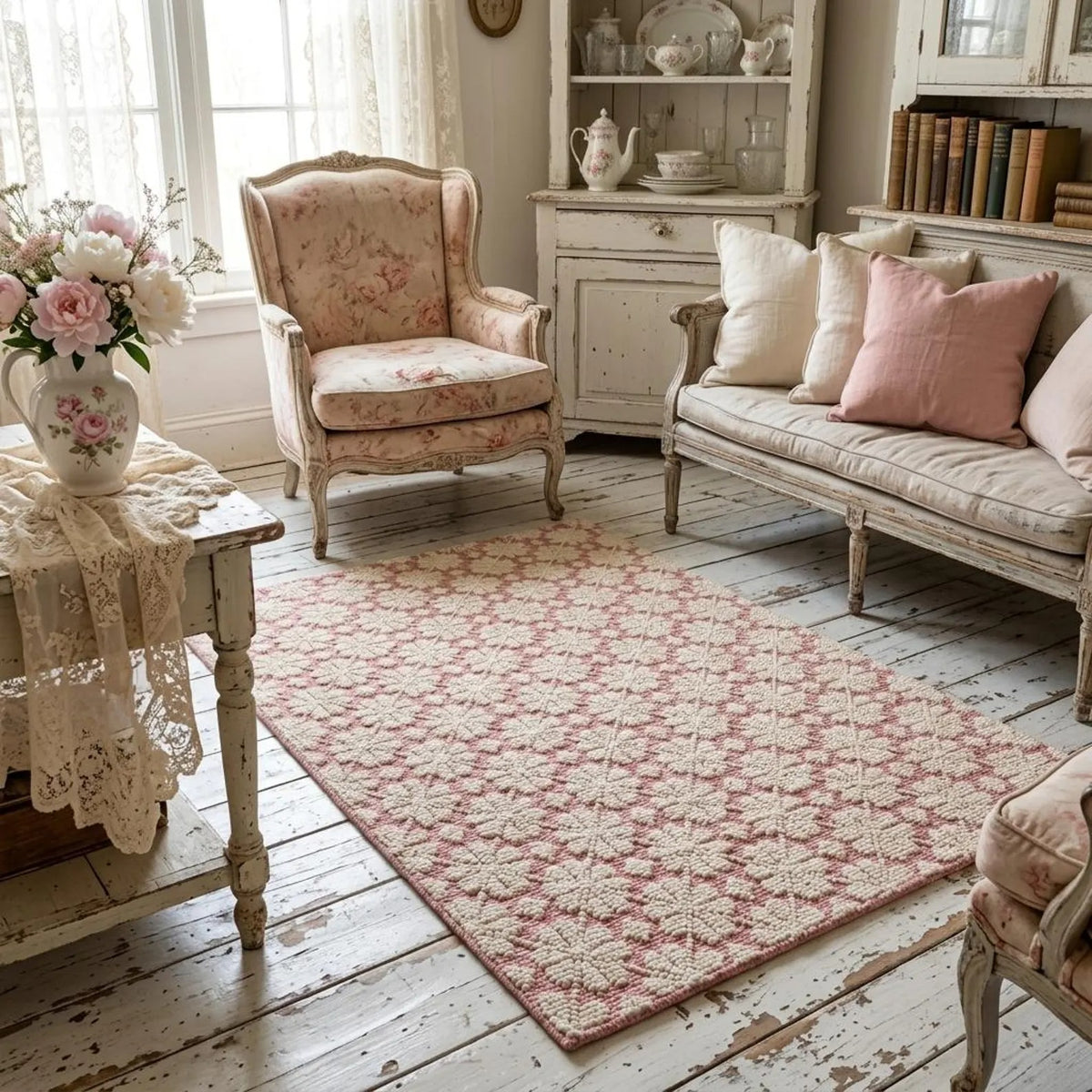 Pink Ivory Hand Tufted Wool Rug Contemporary Floral Living Room Rug | Bespoke Designer Wool Carpet