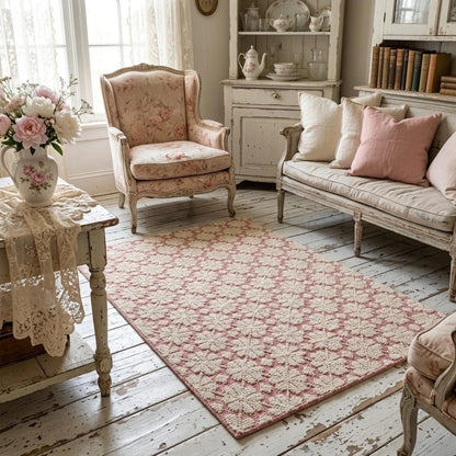 Pink Ivory Hand Tufted Wool Rug Contemporary Floral Living Room Rug | Bespoke Designer Wool Carpet